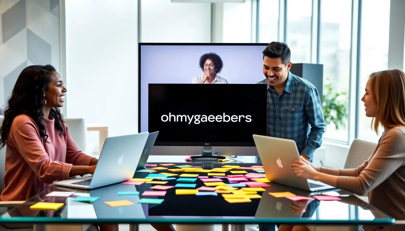 diverse team reacting to a meme in a modern office setting.
