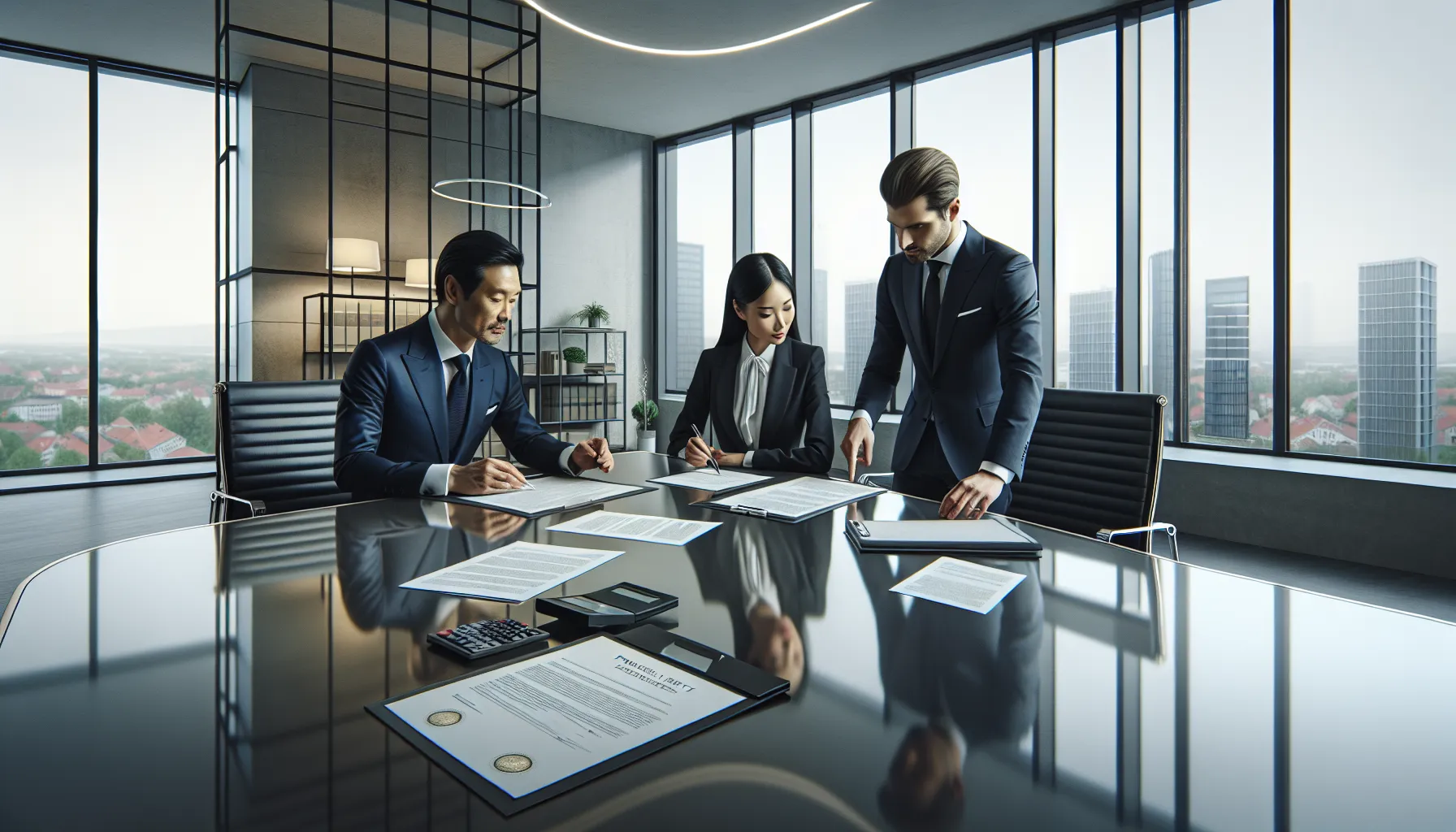 Croatian professionals reviewing property co-ownership documents in modern office setting