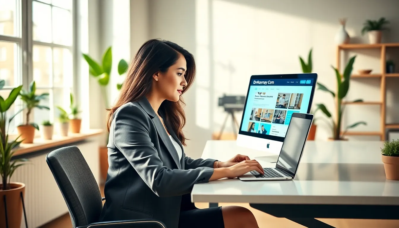 professional woman using DrHomey Com website in a modern home office.