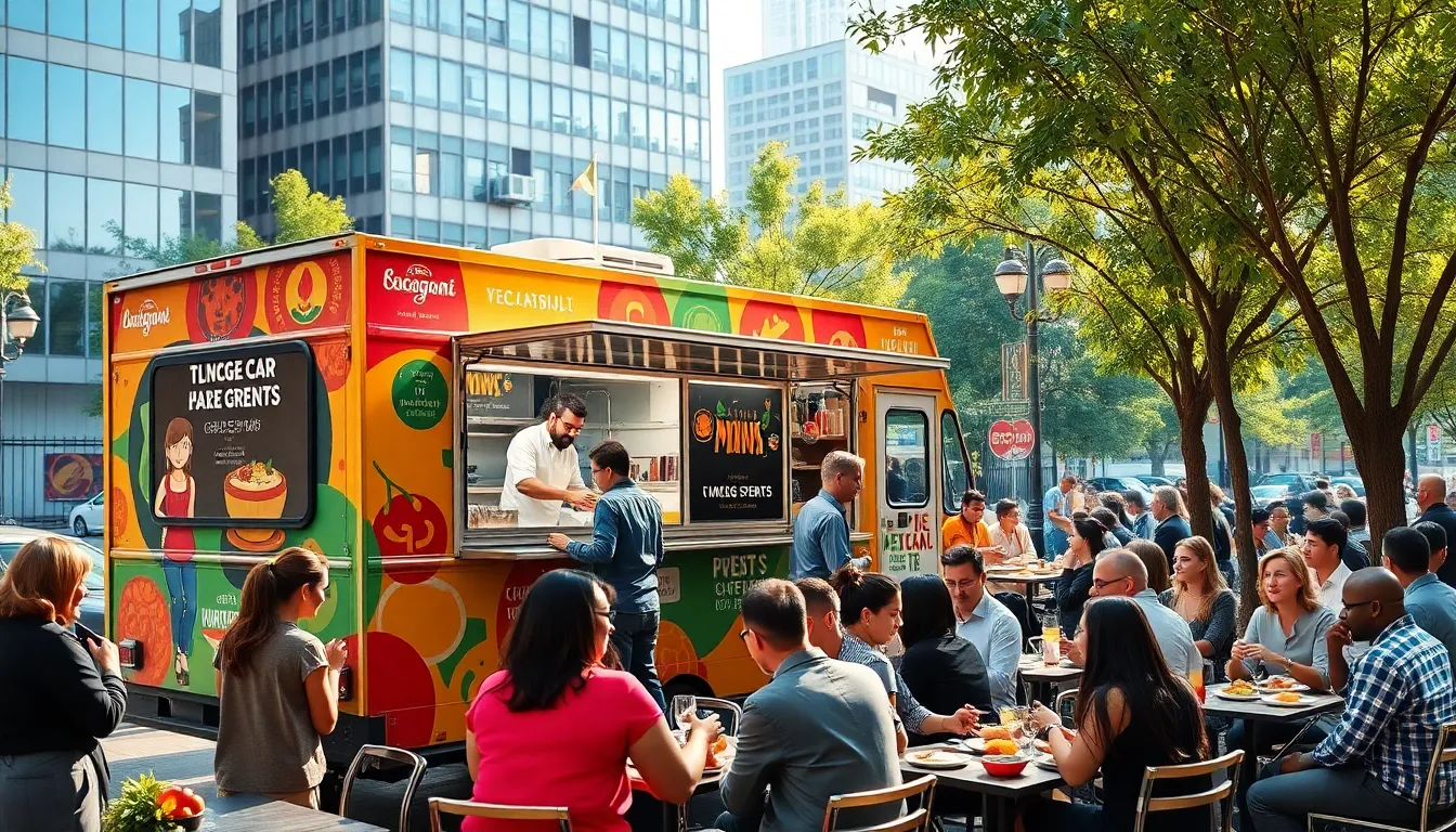 diverse crowd enjoying food from a colorful food truck in an urban setting.
