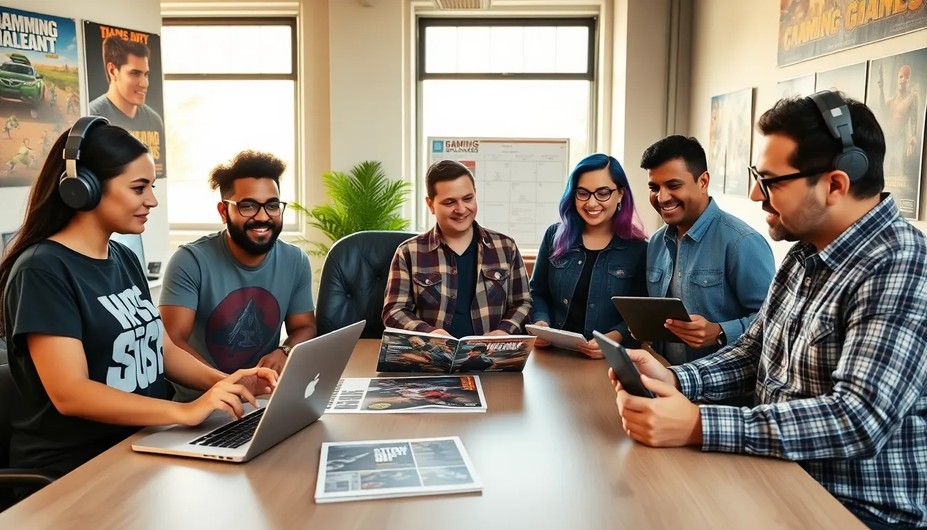 A diverse team discussing gaming content in a bright modern office.