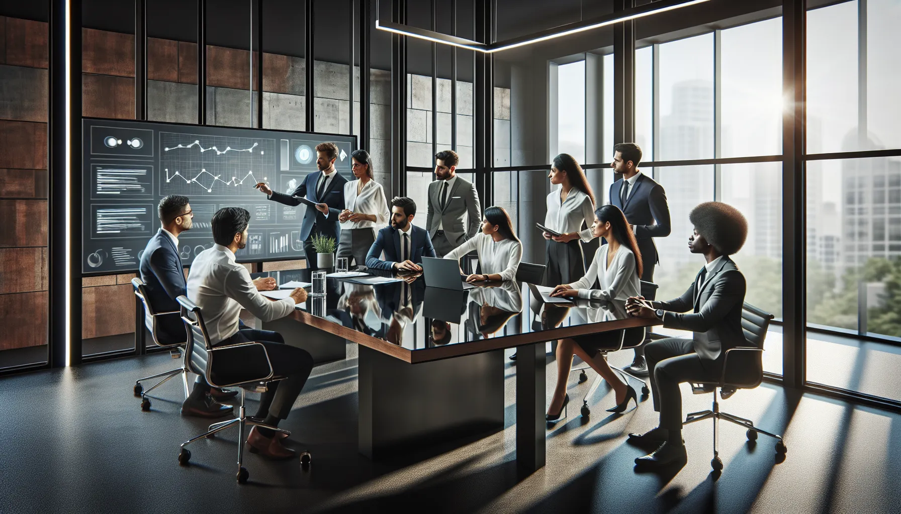 diverse professionals discussing innovation in a modern office setting.