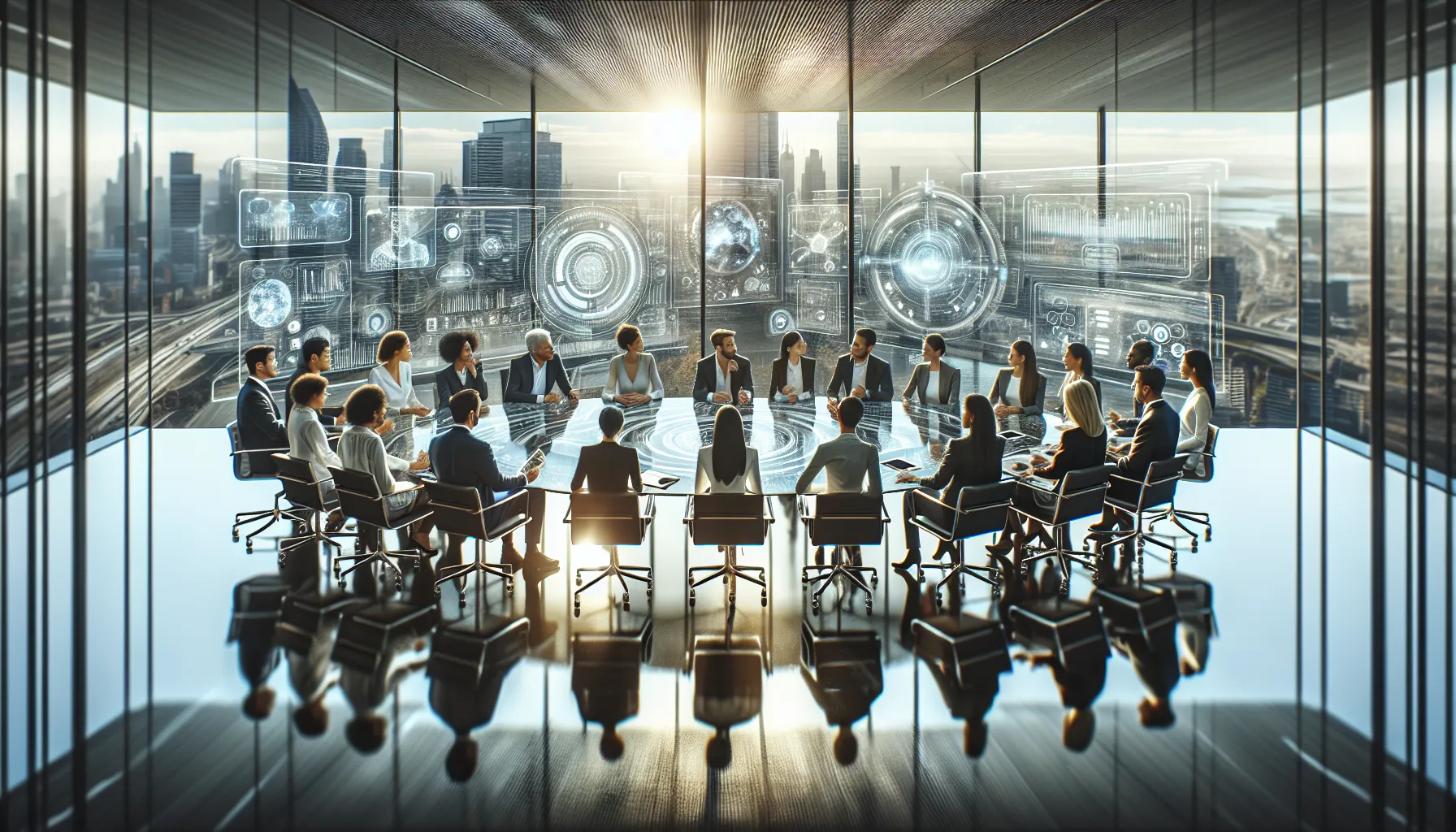 diverse team collaborating on future technological trends in a modern conference room.