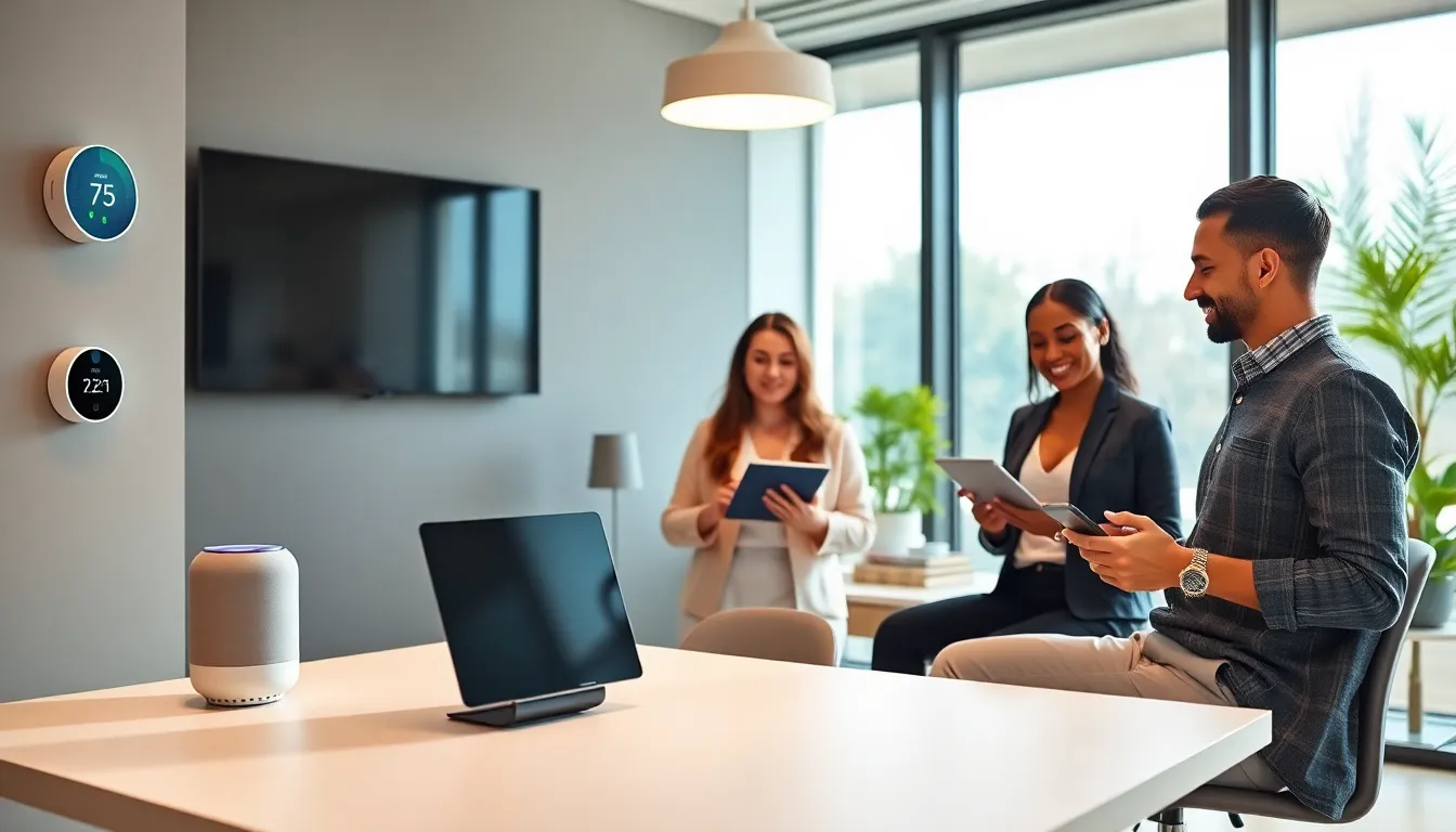 modern office with diverse professionals using smart gadgets.