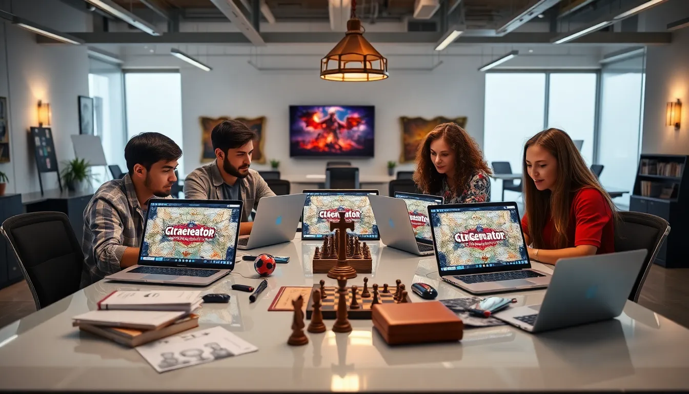 diverse team of gamers collaborating over strategy guides in a modern office.