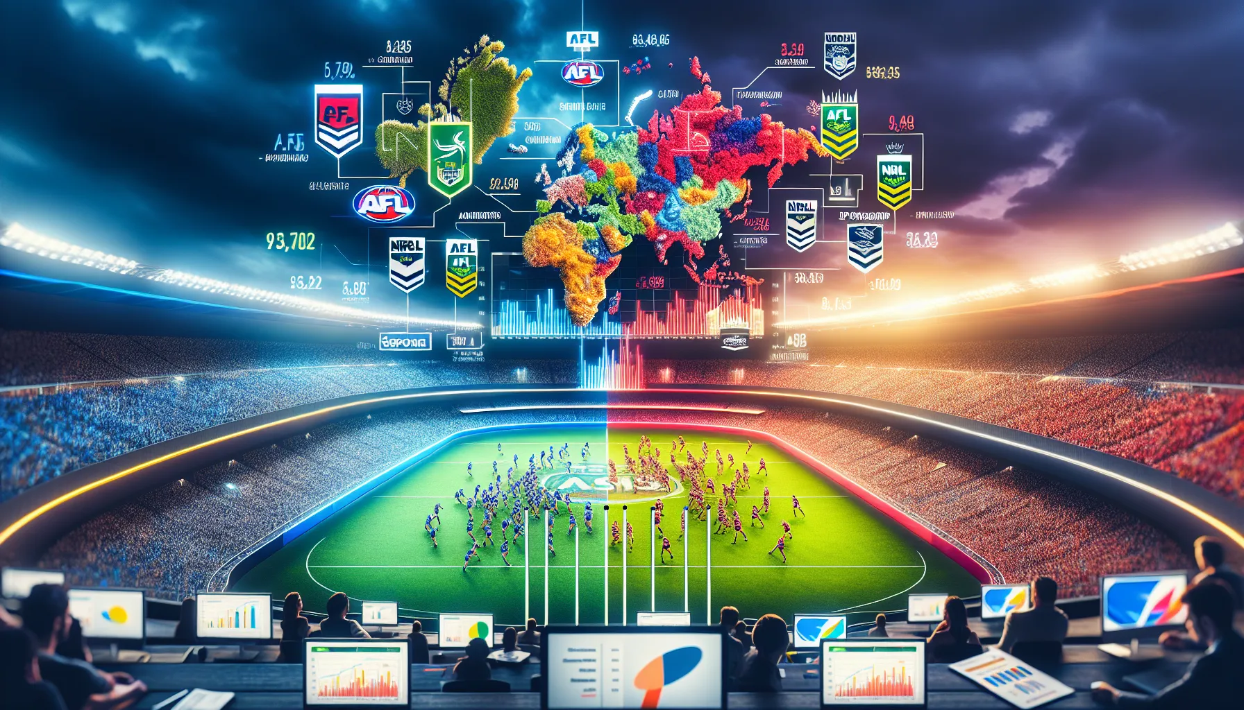 A map showing AFL and NRL regional popularity with symbolic economic markers.