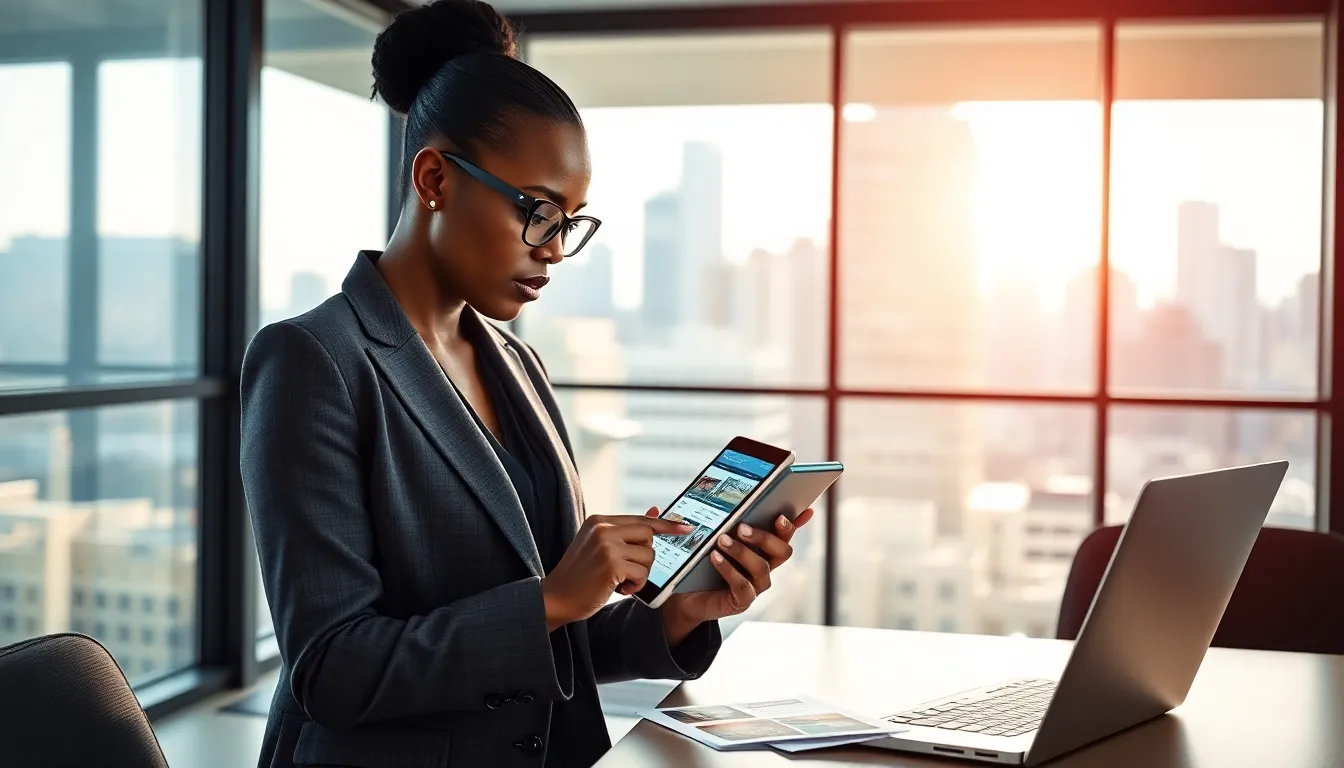 A woman using a real estate app in a modern office.