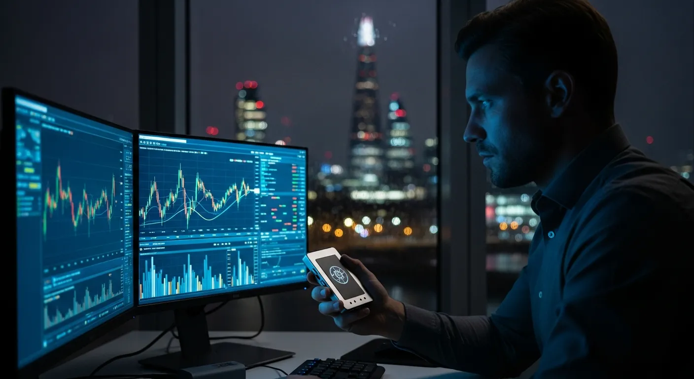 Secure Financial Privacy: Trade Crypto Anonymously 2 A serious investor holding a crypto hardware wallet in a London apartment at night.