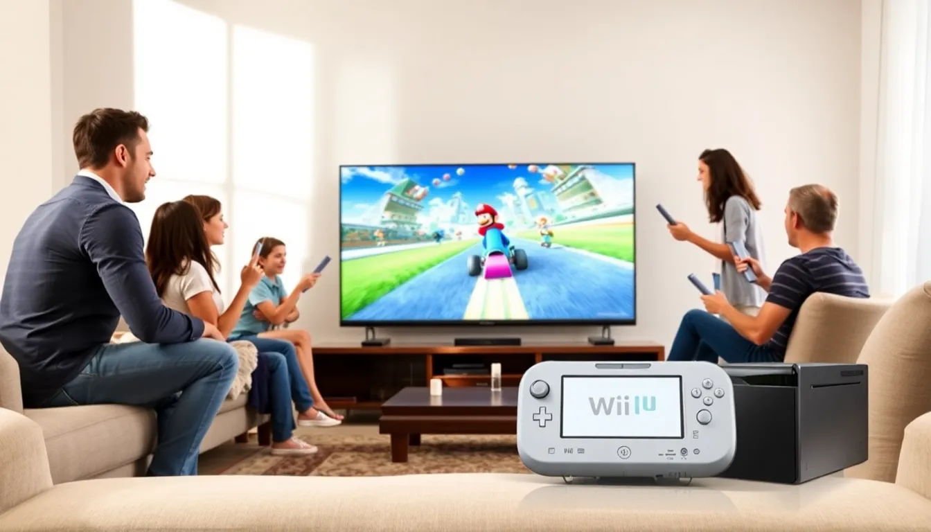 family enjoying gaming with Wii and Wii U consoles in a modern living room.