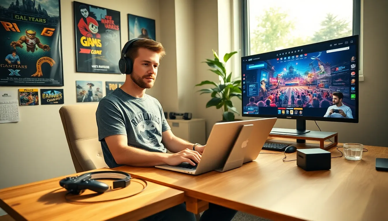 A gamer blogging at a desk with gaming gear and vibrant posters.