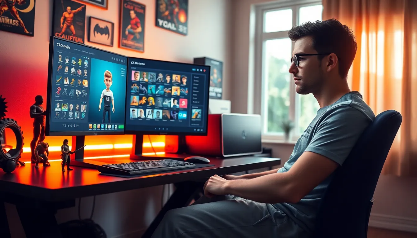 A young man creating a character on CK2Generator in a gaming room.