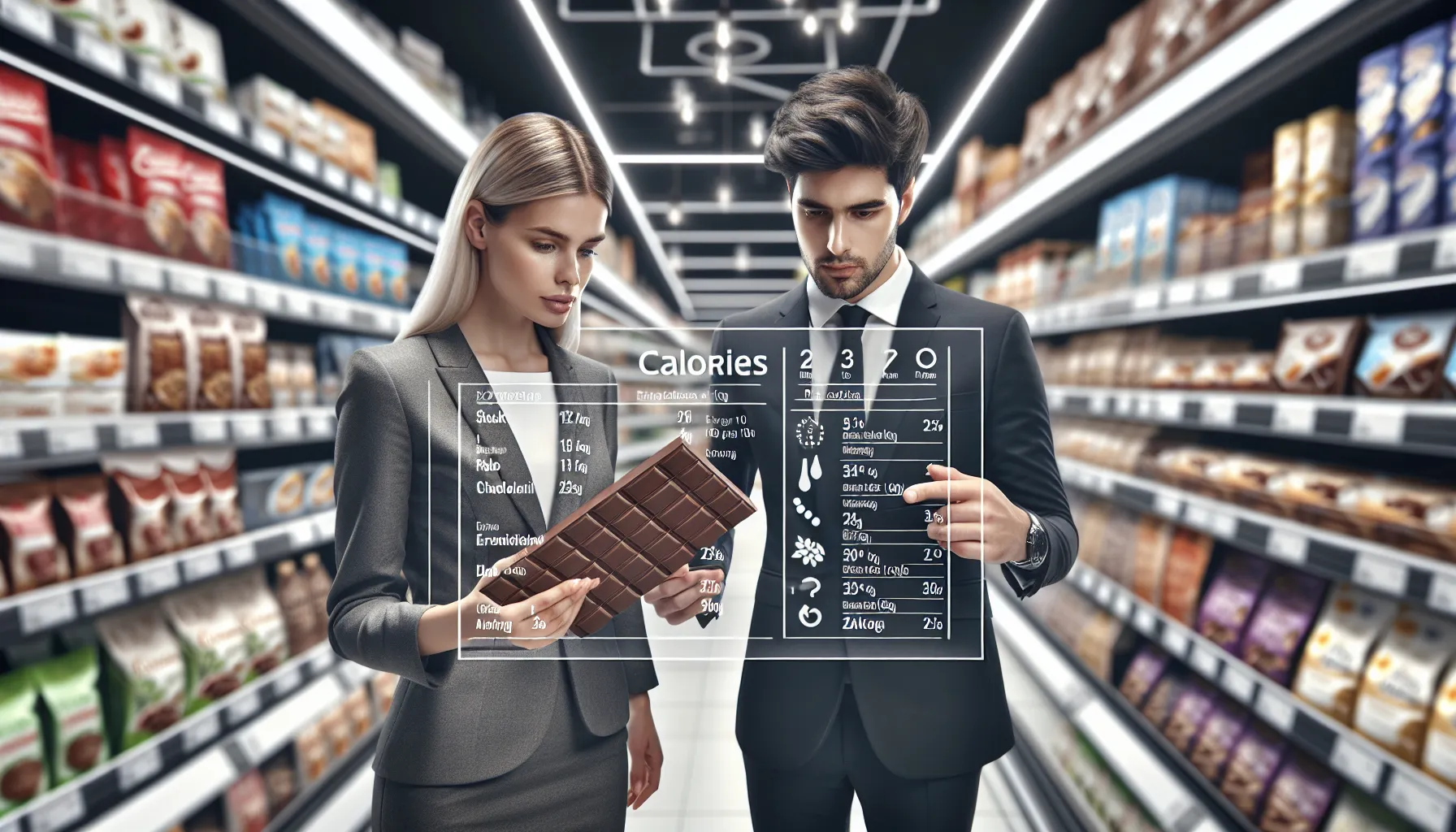 Professionals reading food labels in a modern Croatian supermarket.