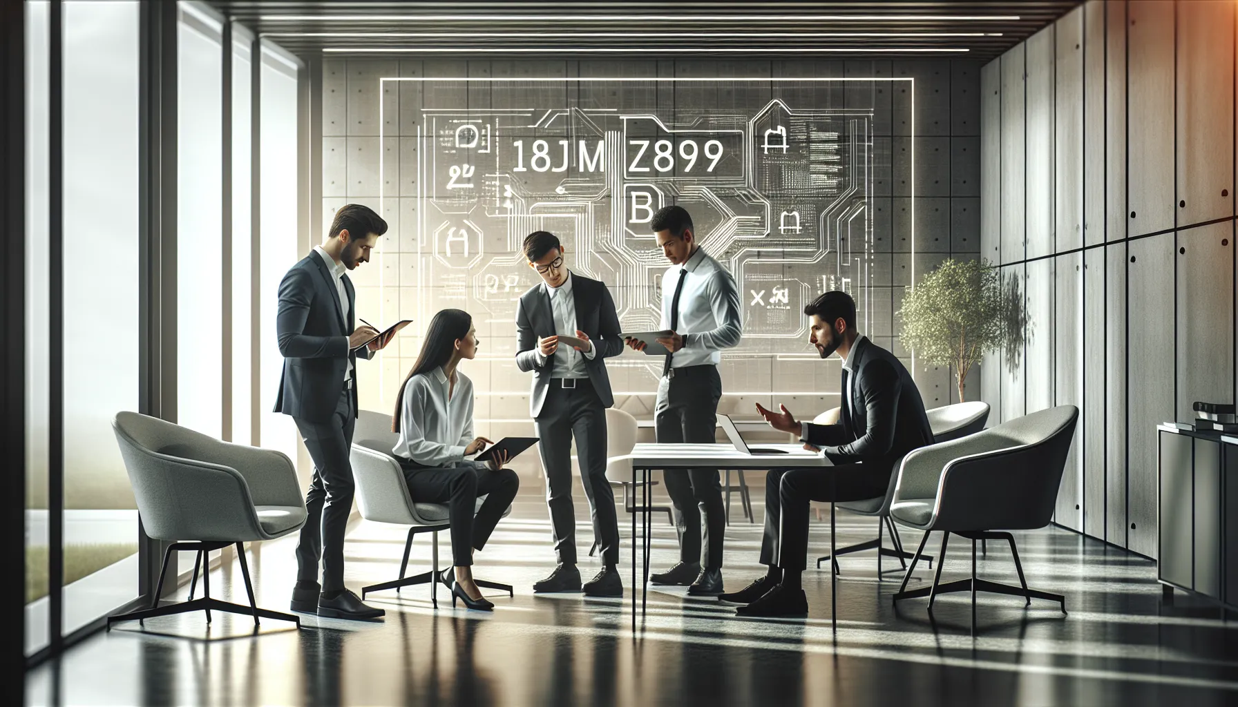 diverse tech team discussing an alphanumeric code in a modern office.