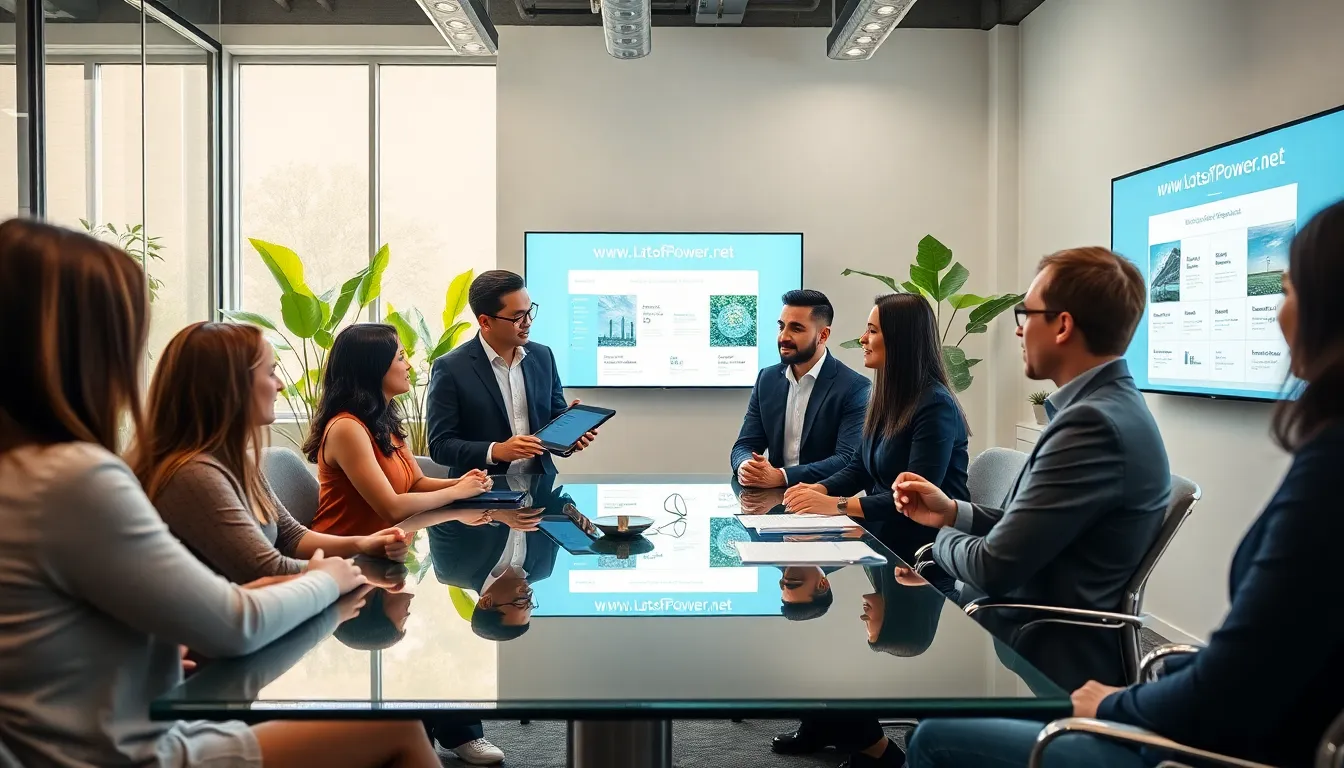 diverse team discussing renewable energy in a modern office.