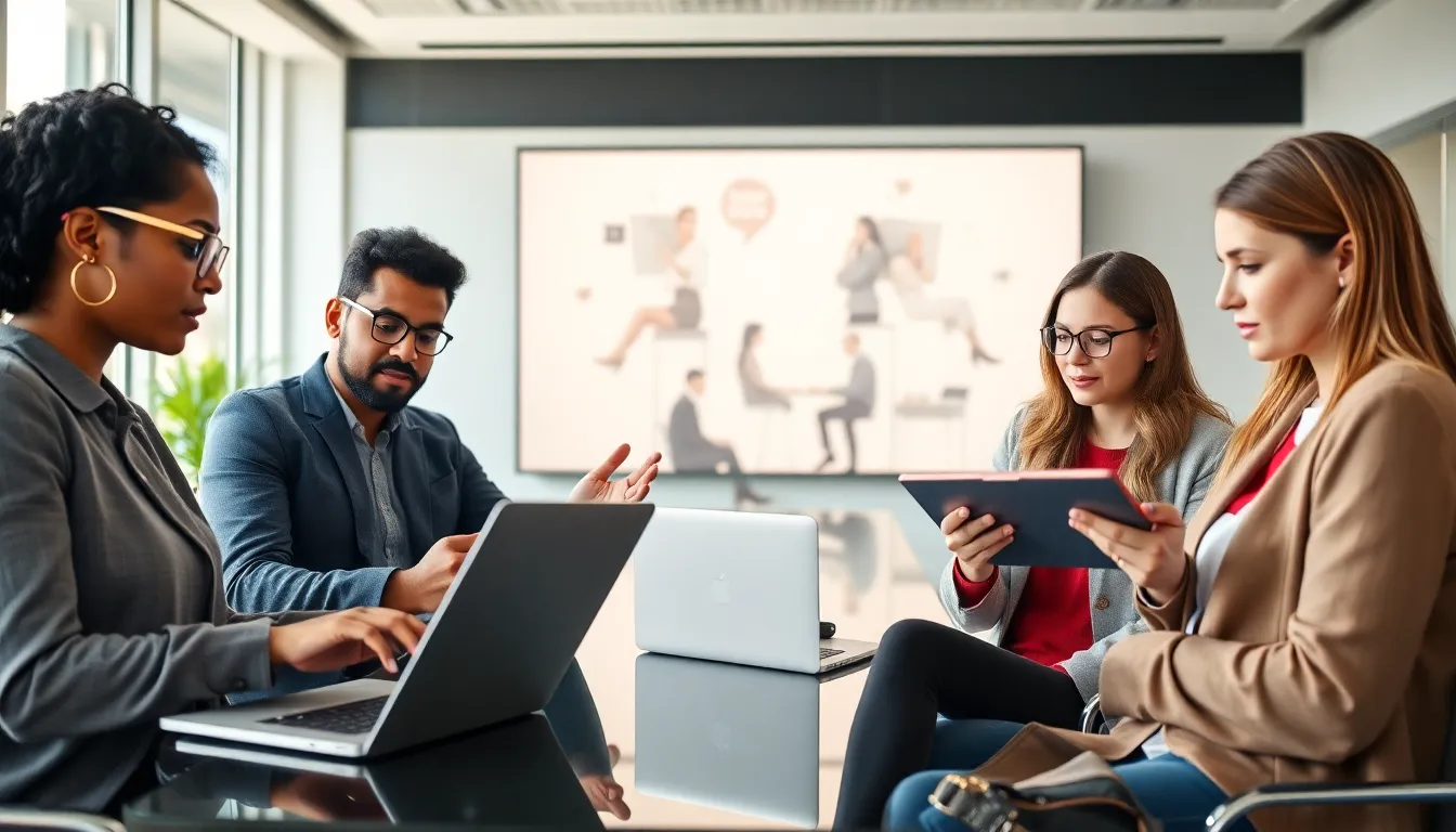 diverse professionals discussing AI-driven relationship advice.
