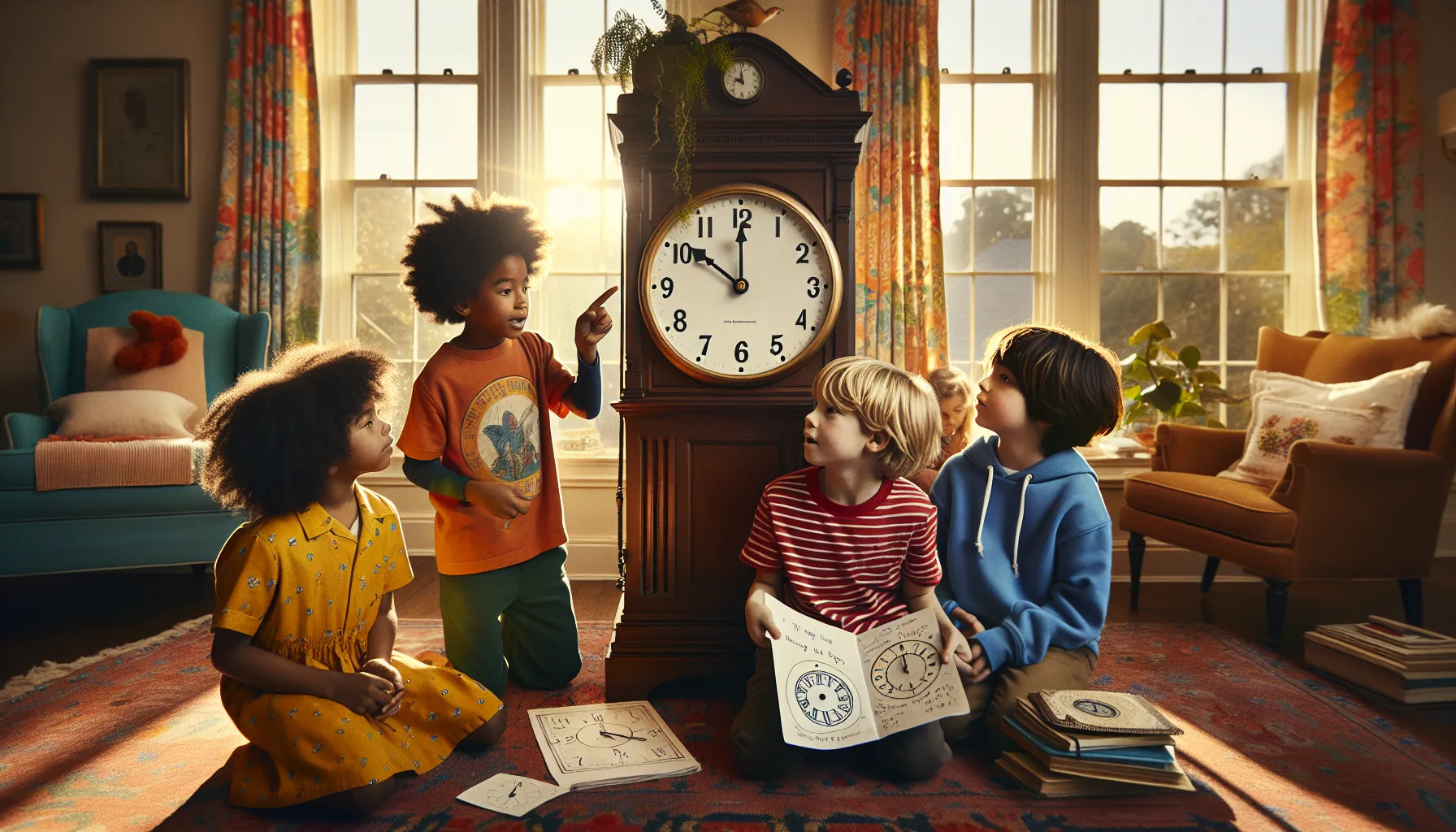 four children learning to tell time from a wooden wall clock.