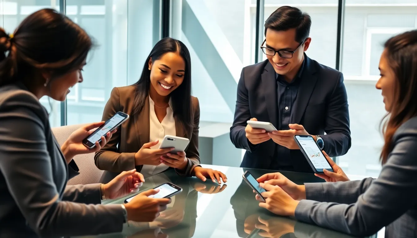 diverse team collaborating on mobile CRM applications in a modern office.