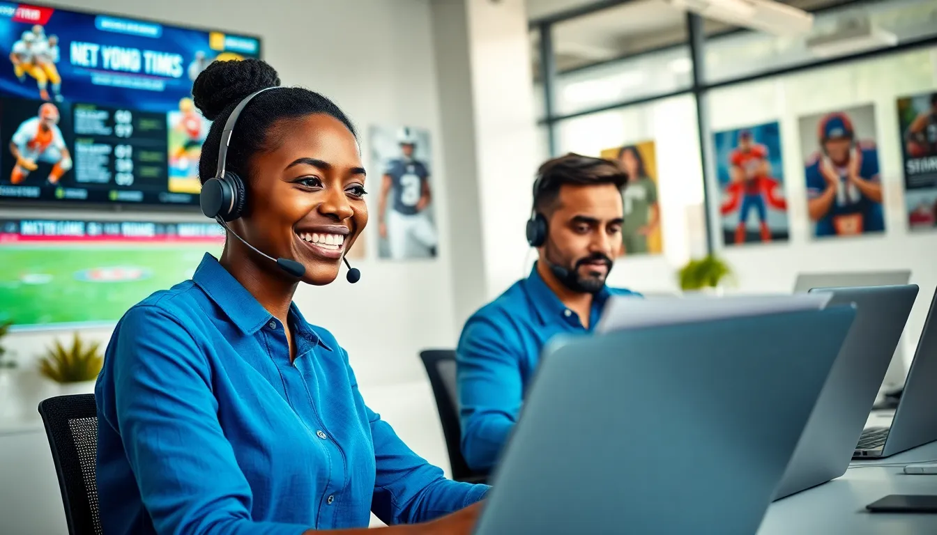 customer support team assisting inquiries at LatestSportsBuzz office.