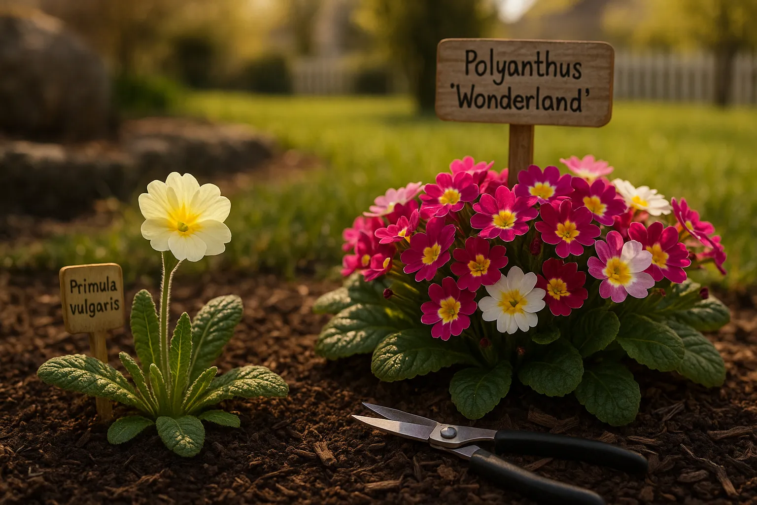 close comparison of a single primrose and a clustered polyanthus in a spring garden bed