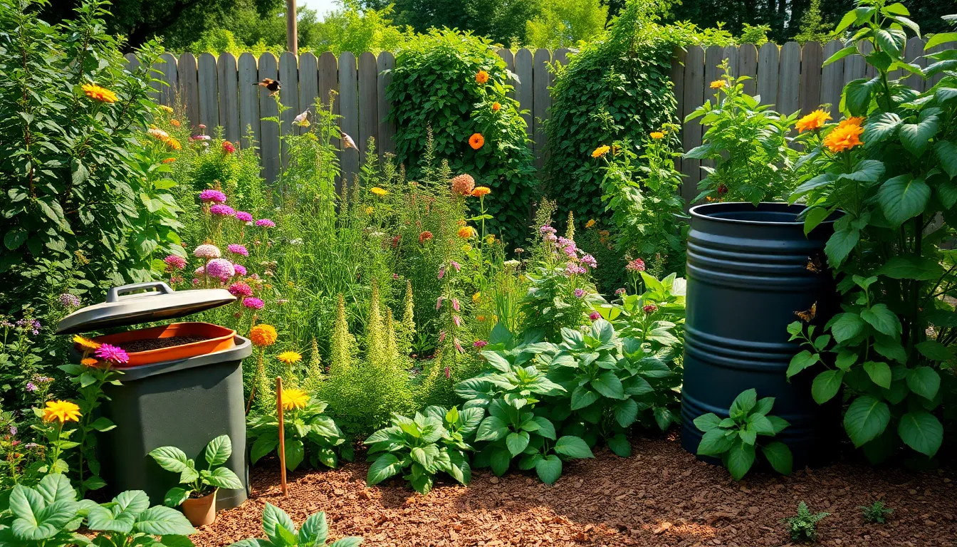 a vibrant self-sustaining garden with diverse plants and wildlife.