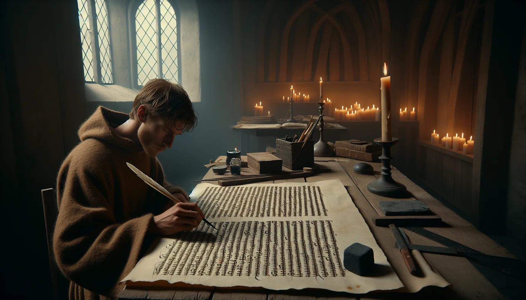 Monk writing dense gothic manuscript with broad-nib quill in a norwegian scriptorium.