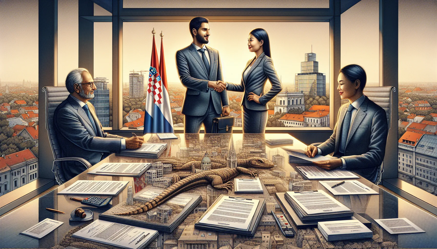Two business professionals shaking hands over legal documents in modern Croatian office.