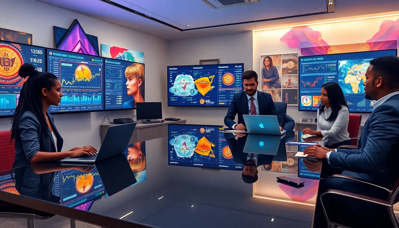 professionals trading NFTs in a modern office setting.