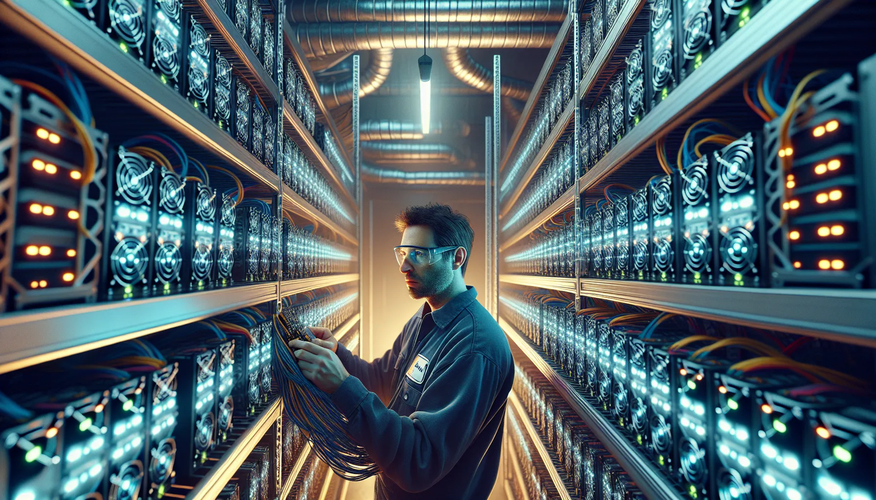 Bitcoin Mining: A Complete Expert Guide 2 Technician inspecting rows of Bitcoin mining equipment in an industrial US warehouse.