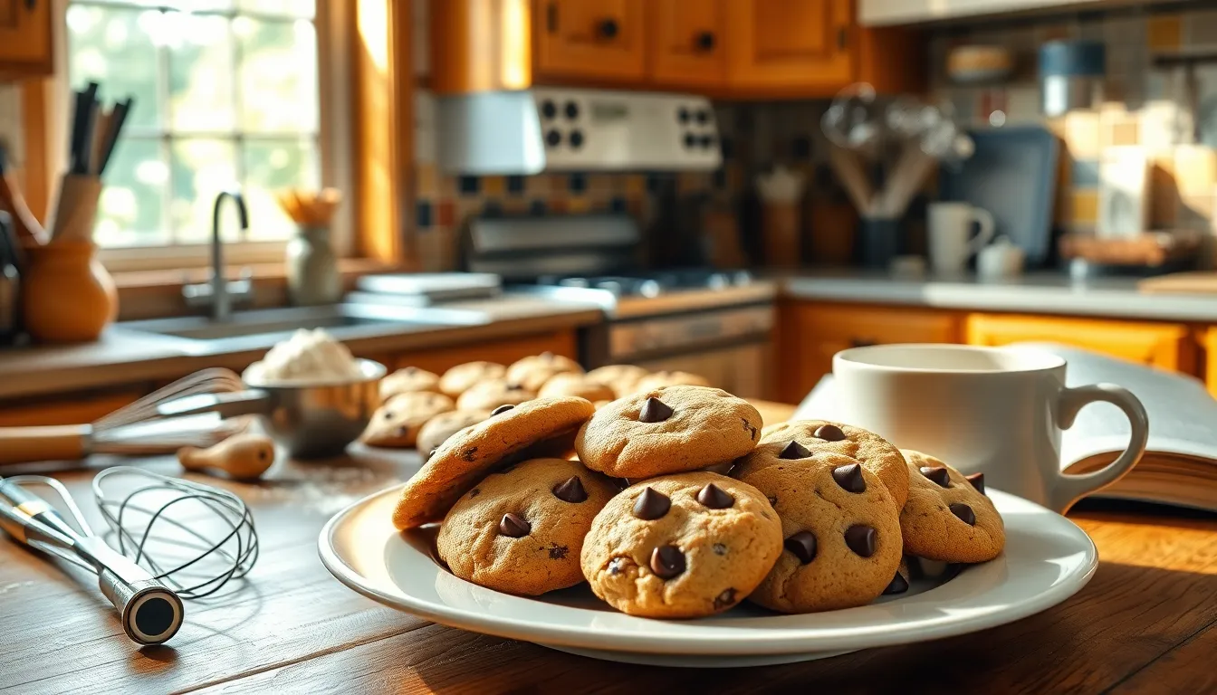 a warm kitchen with a plate of chocolate chip cookies and baking tools.
