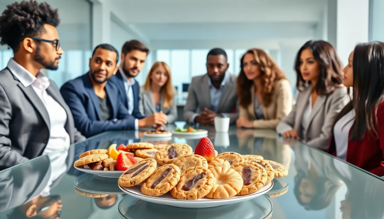 professionals discussing nourishing snack options with healthy cookies.