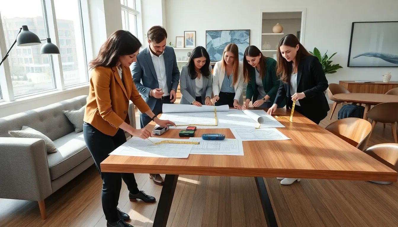 interior design team measuring furniture in a modern workspace.