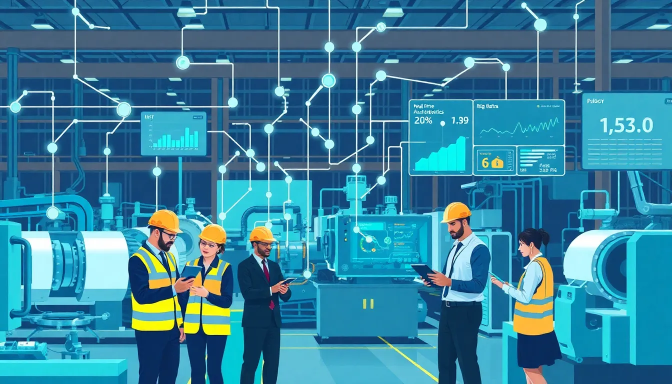 Infographic depicting industrial internet of things in a modern factory setting.