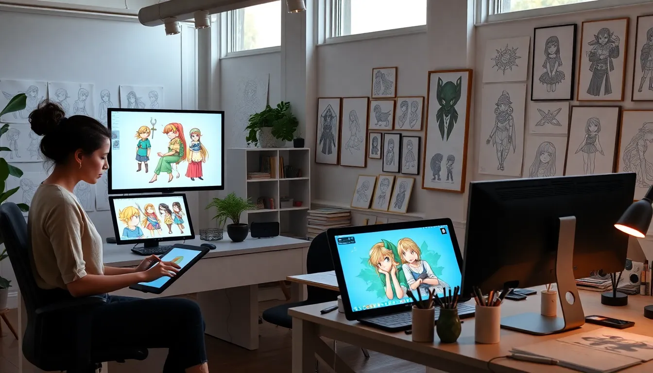 artists creating fan art in a modern studio.