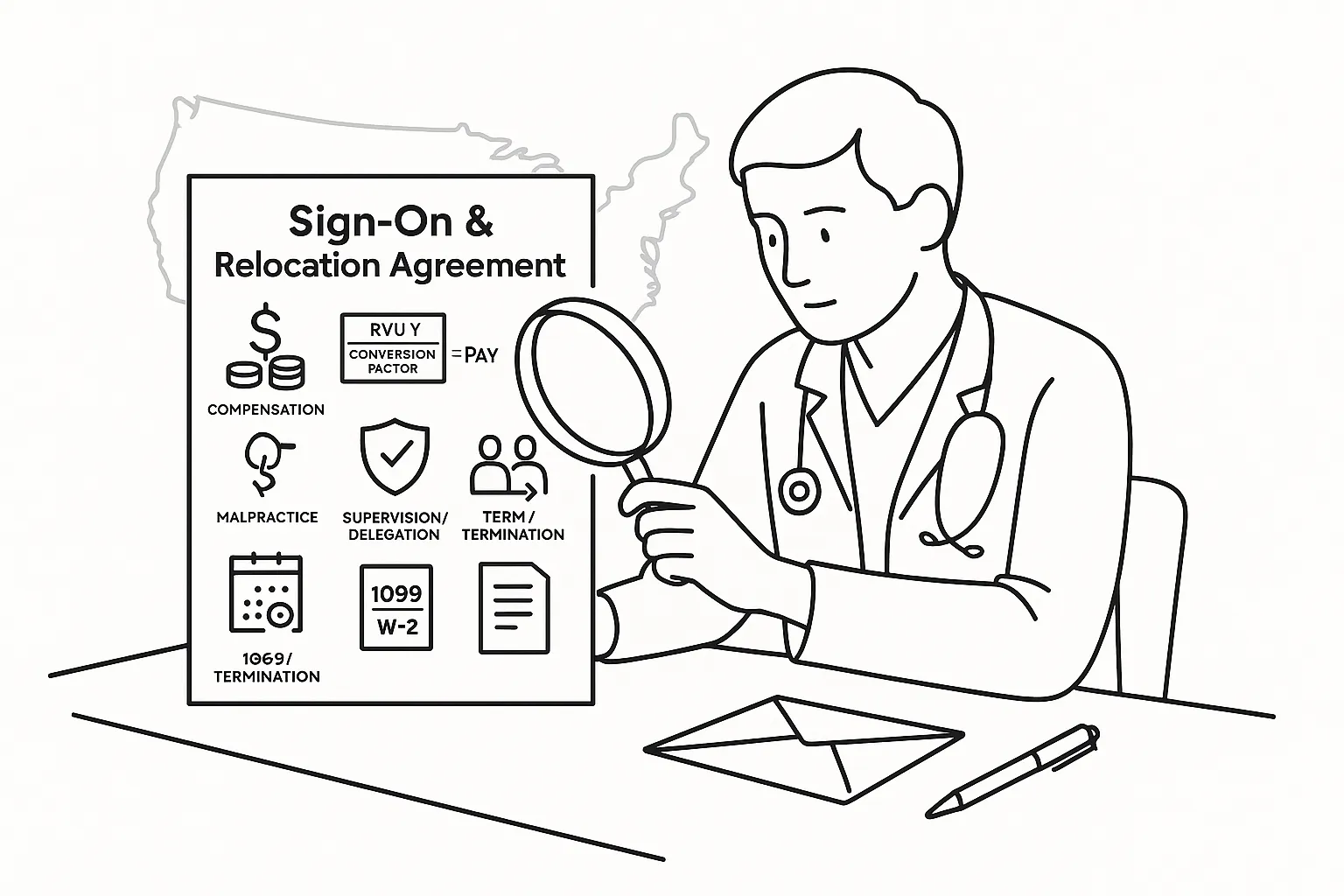 A PA examining a sign-on and relocation contract with a magnifying glass.