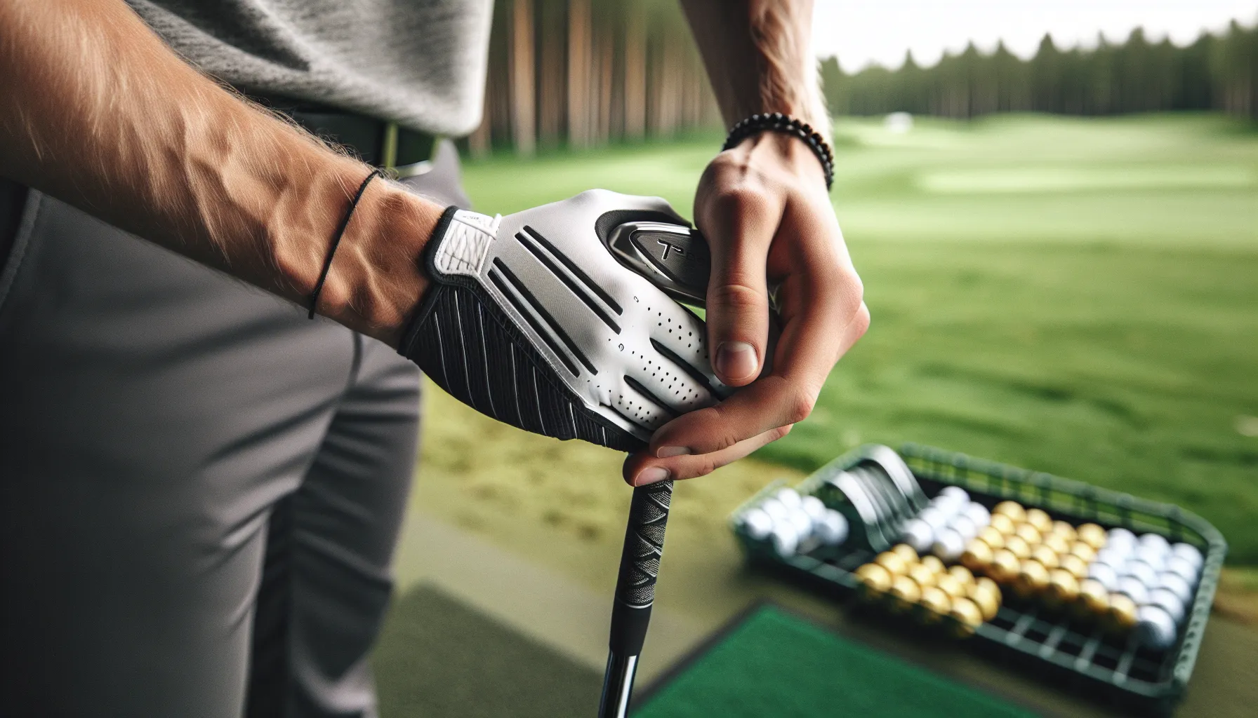 Close-up of a right-handed golfer’s relaxed neutral grip at a Norwegian range.