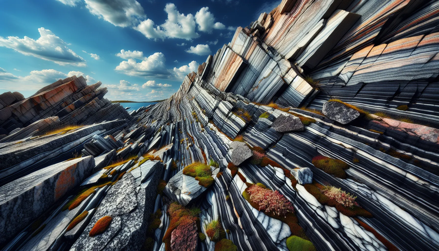 A dike intruding through gneiss rock in a U.S. landscape.