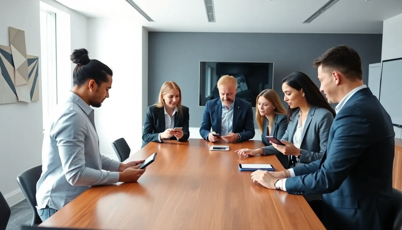 diverse professionals discussing mobile apps in a modern office.