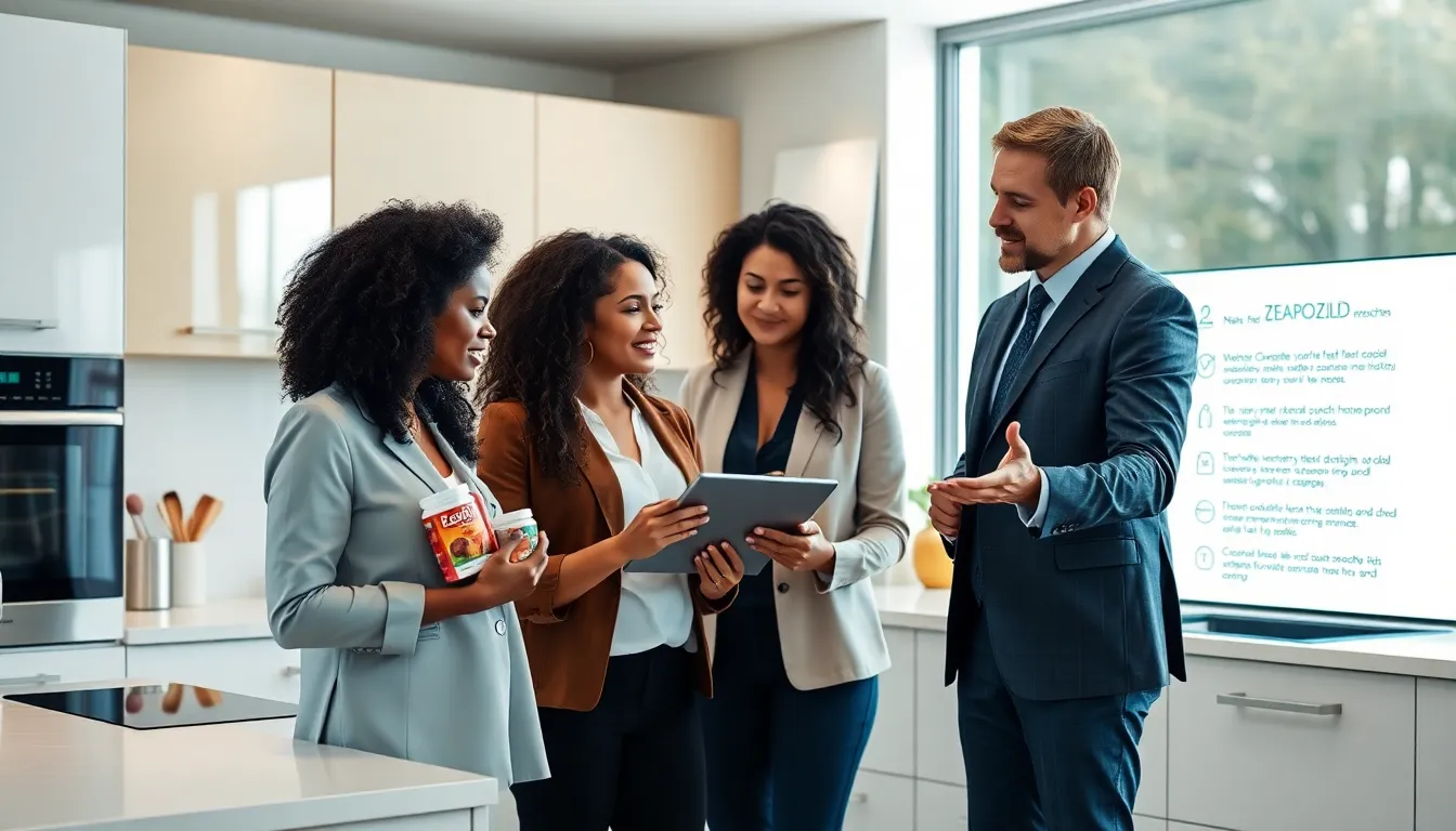 three professionals discussing ZealPozold in a modern kitchen setting.