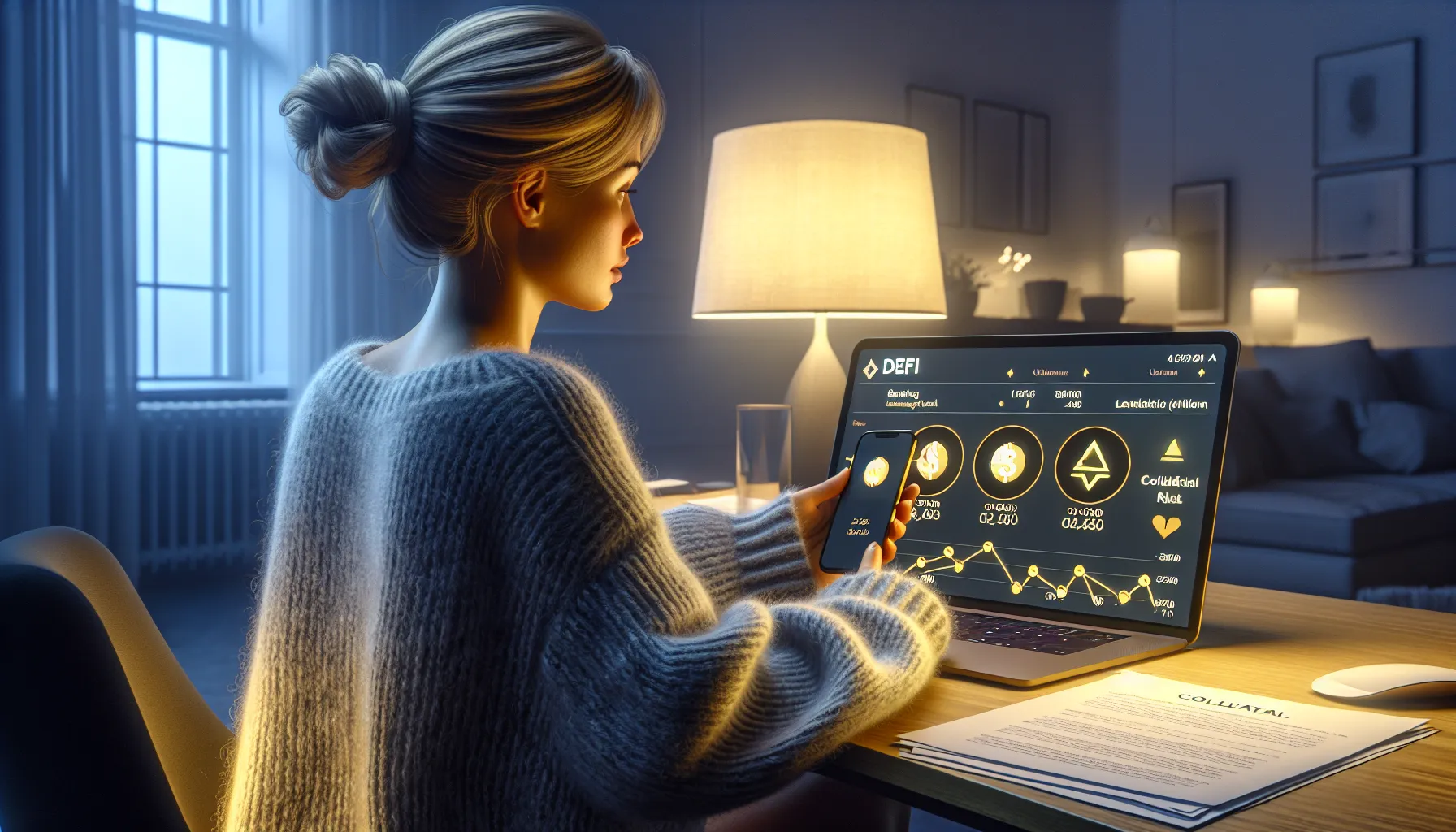 Norwegian woman compares defi yields and traditional savings at her desk.