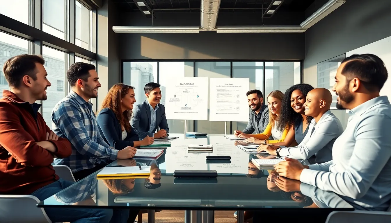 diverse team collaborating and brainstorming in a modern office setting.