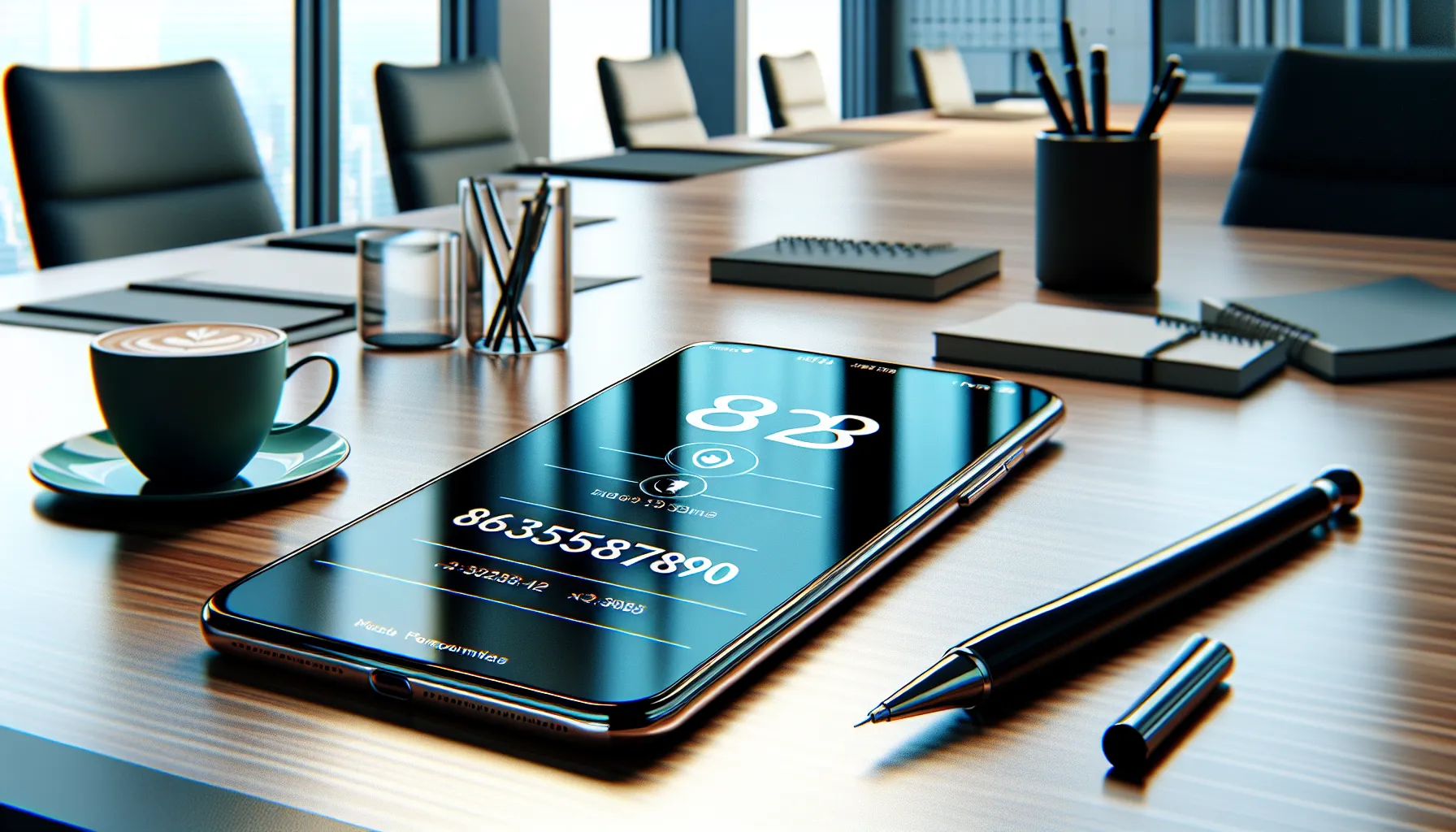 smartphone displaying the number 8635587890 in a modern office.