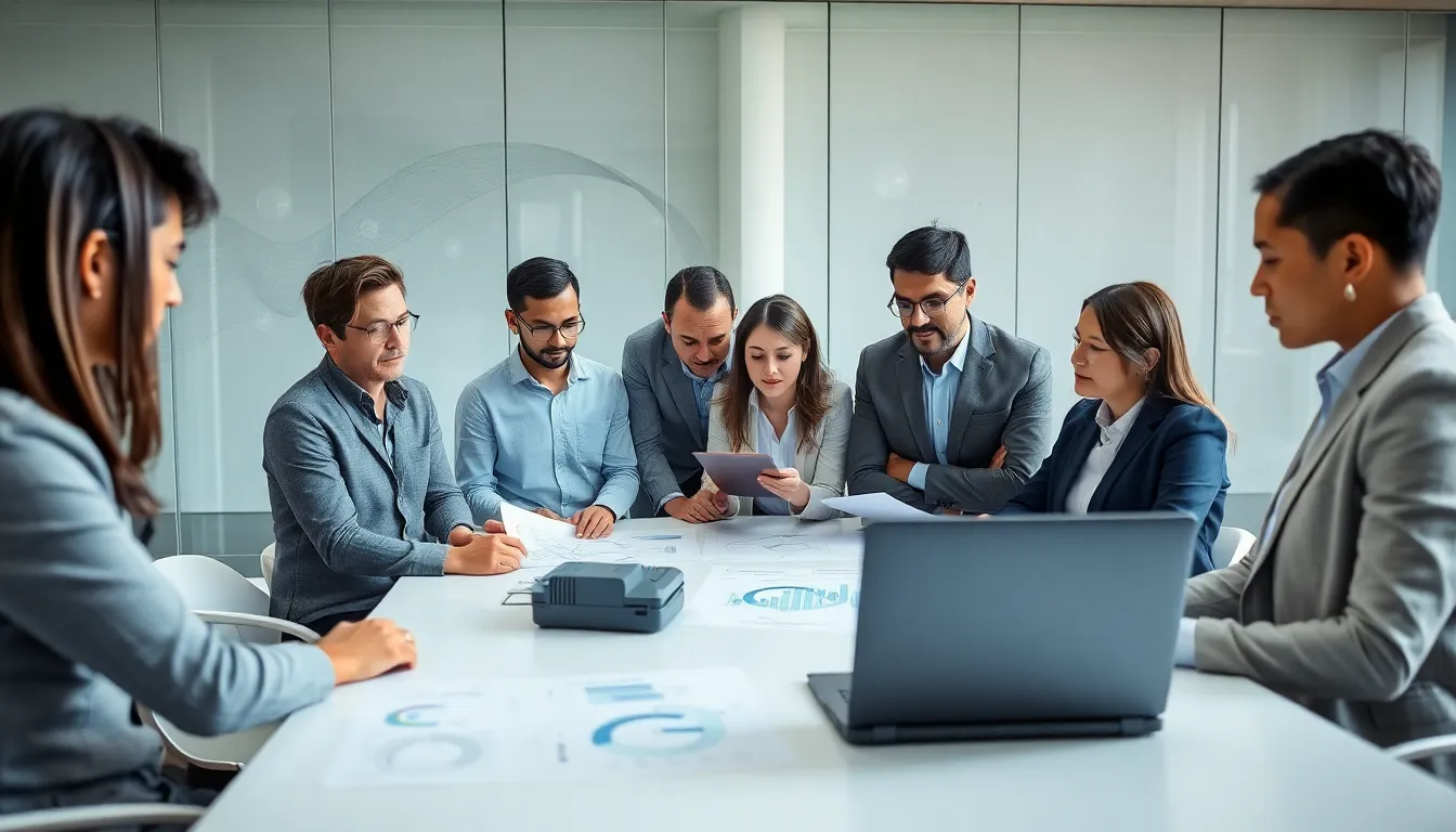 diverse team discussing the 6090X43 model in a modern office.