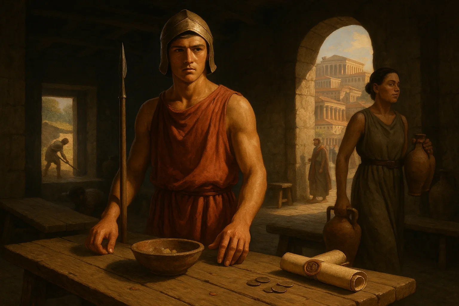 A Spartan warrior in a mess hall beside a woman, helot, and Roman coins.