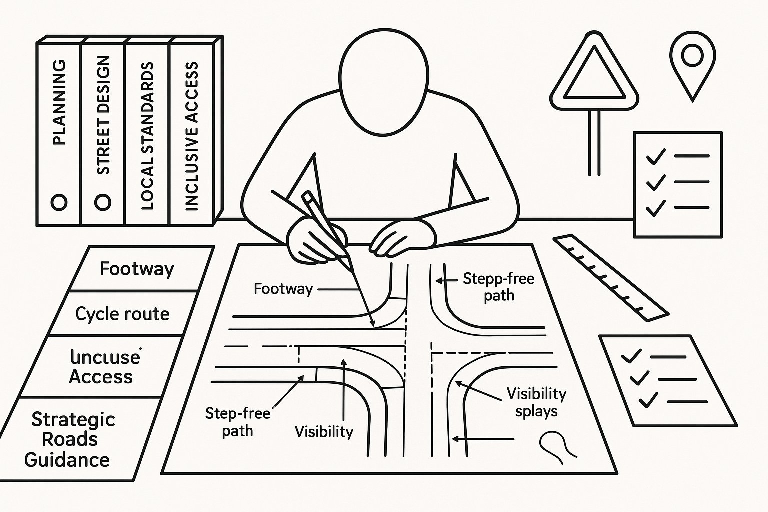 Planner reviewing road access standards on a site design drawing.