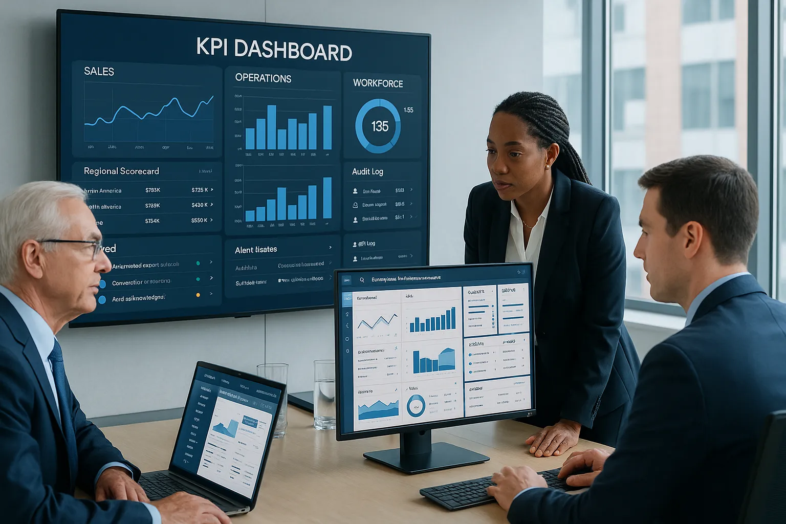 Professionals reviewing enterprise KPI dashboards in a modern office.