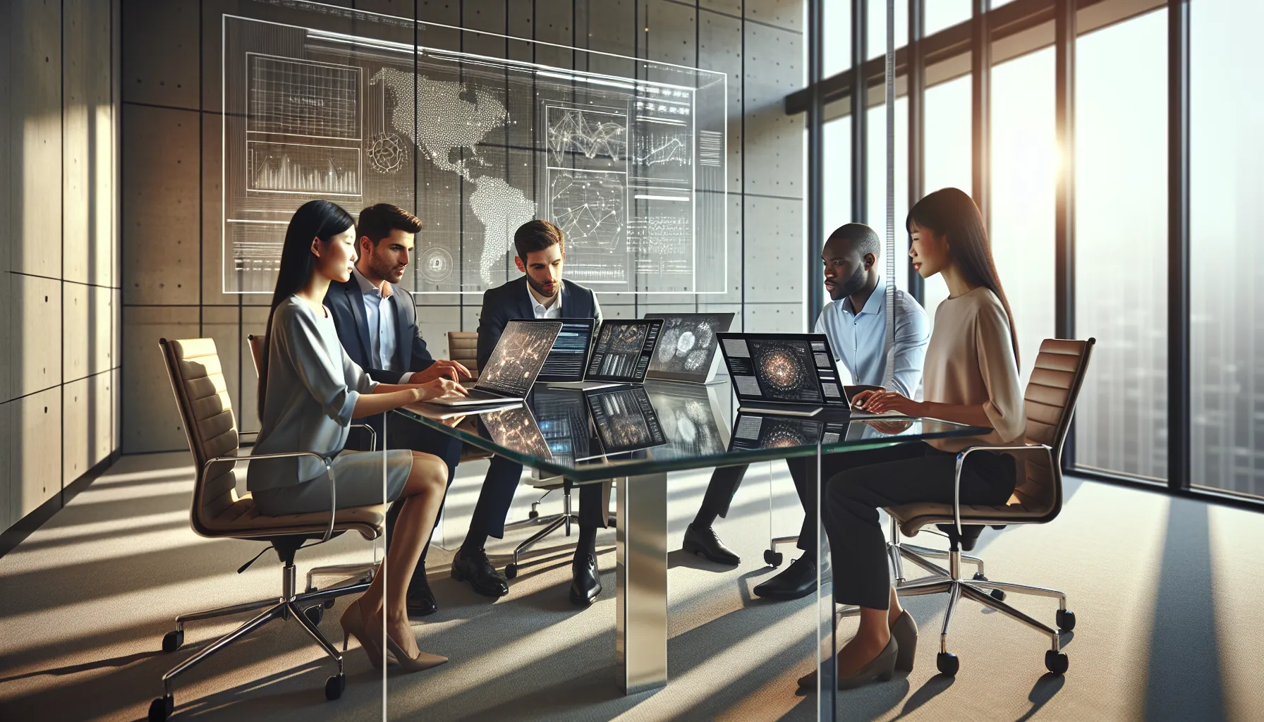 diverse team analyzing data in a modern office.