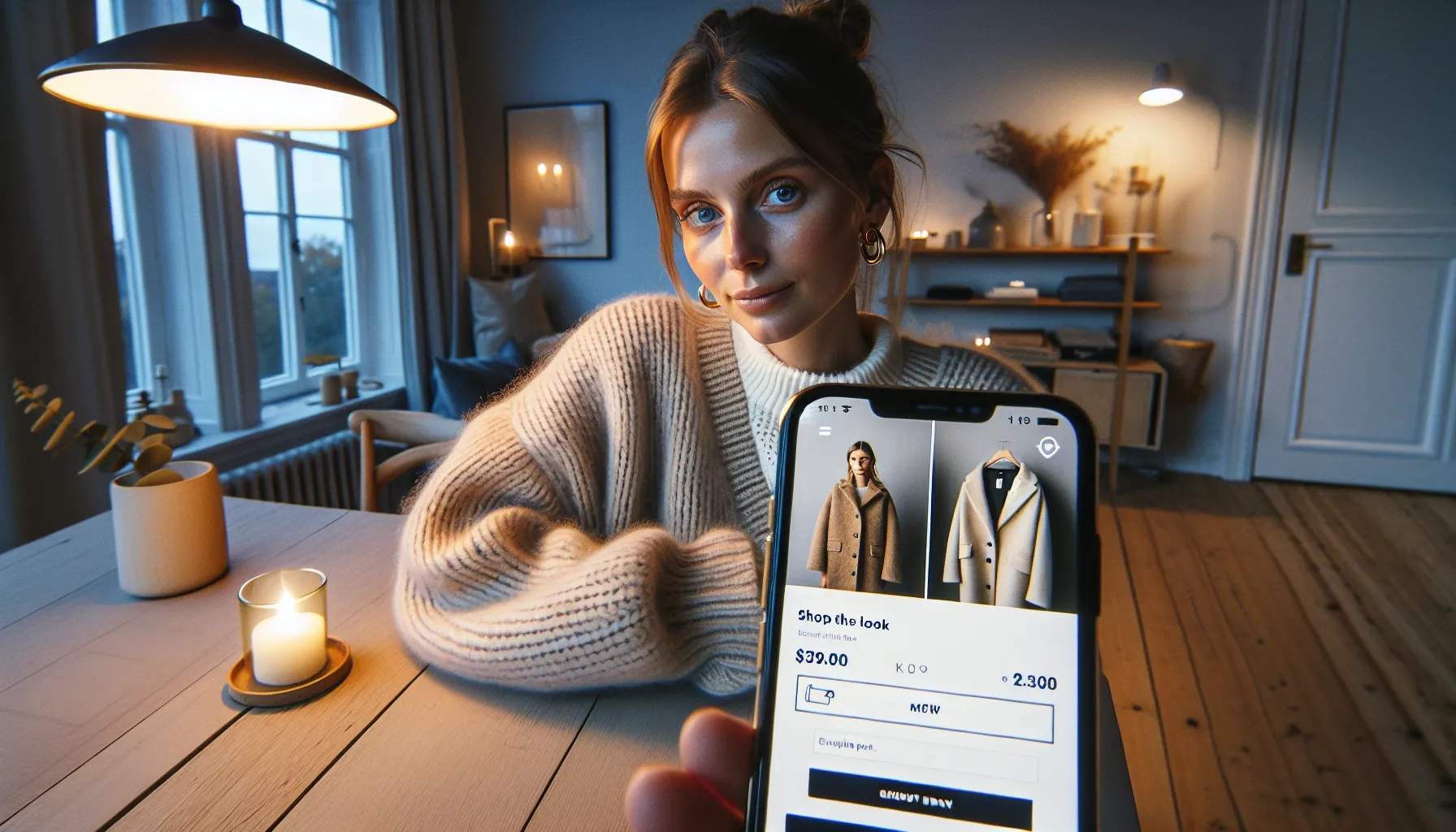 Norwegian shopper buying fashion via live shoppable video on her smartphone.