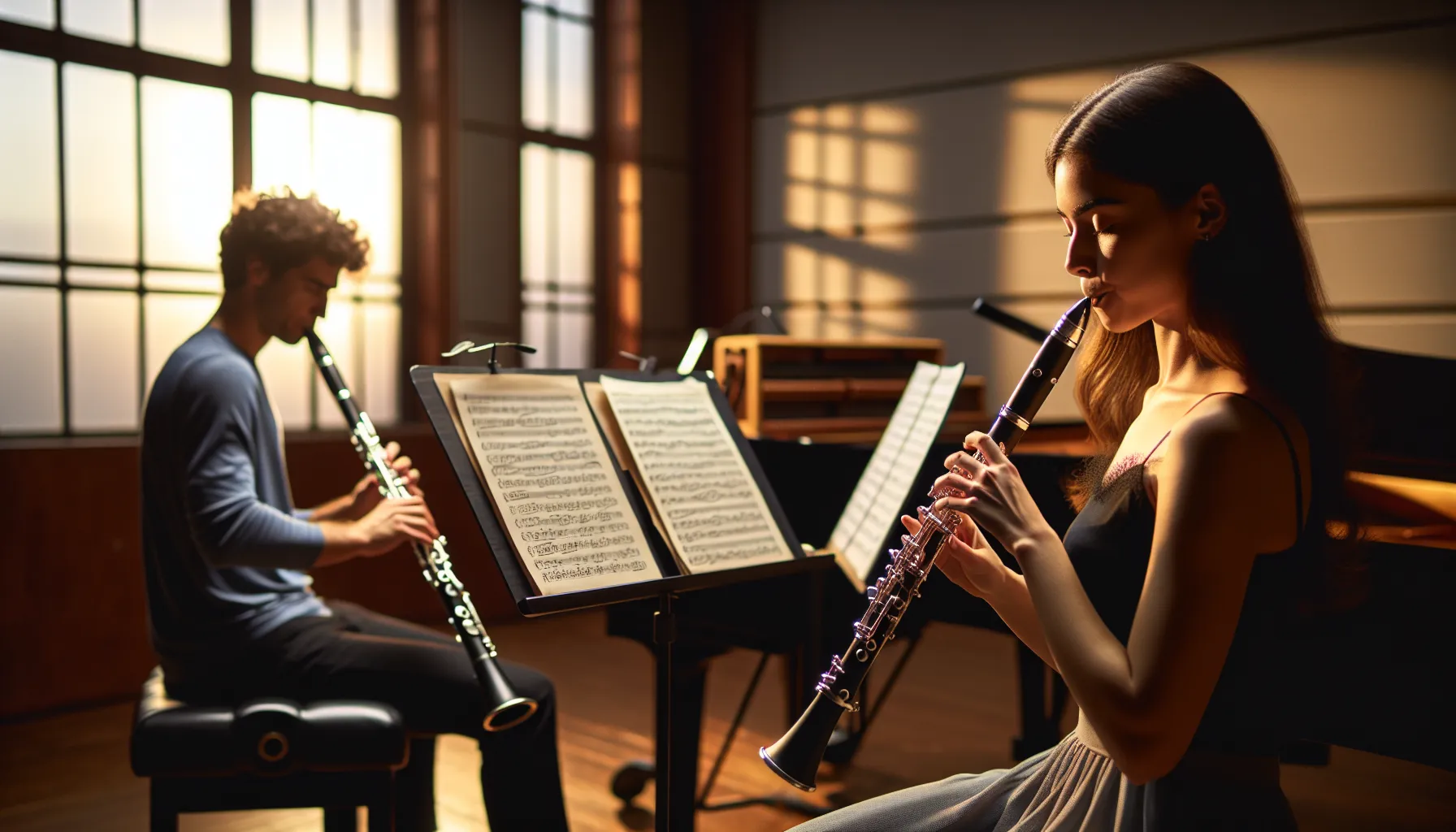 A person plays a clarinet while another plays an oboe in a rehearsal room.