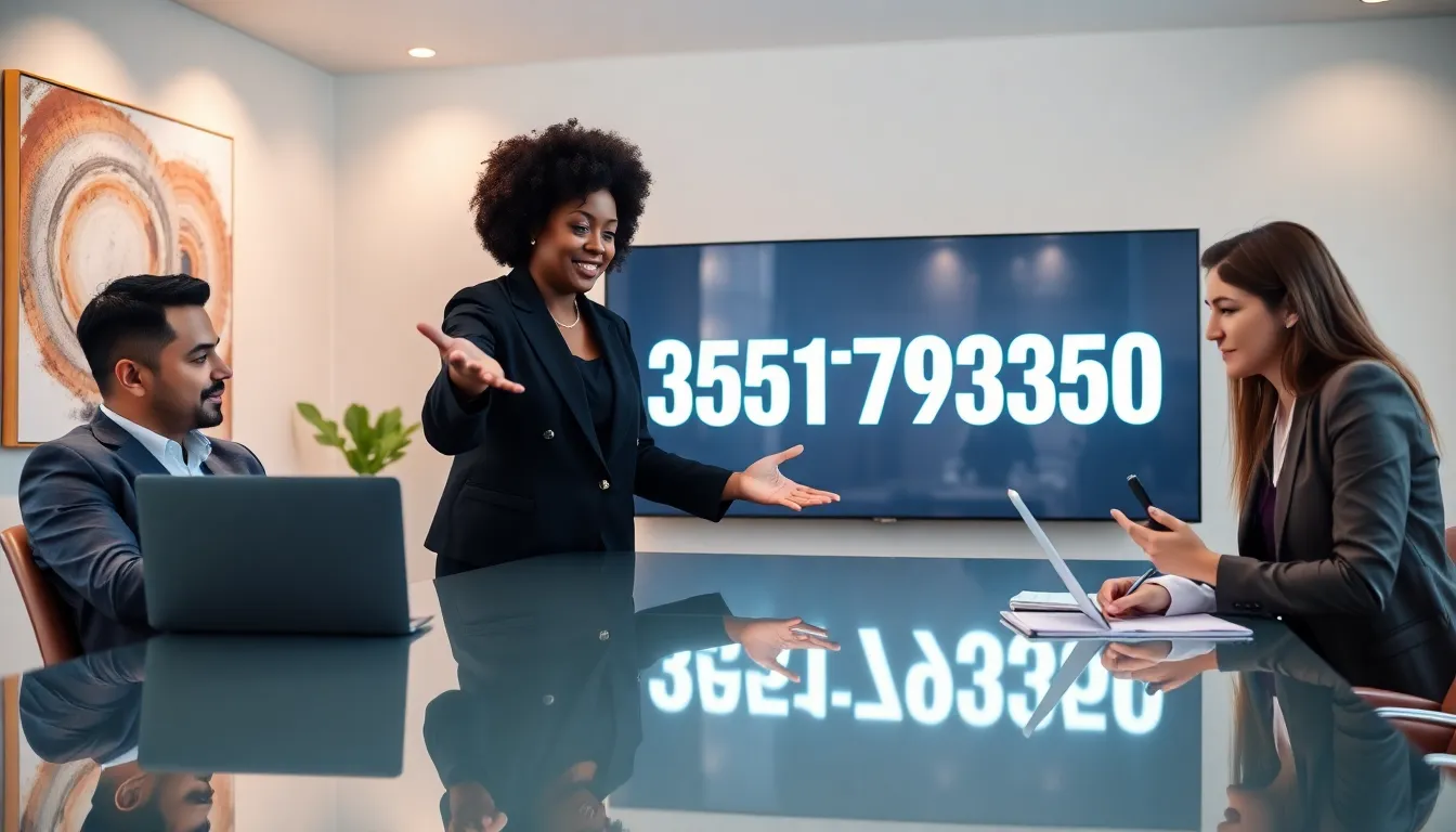 diverse professionals discussing significance of a number in modern office.