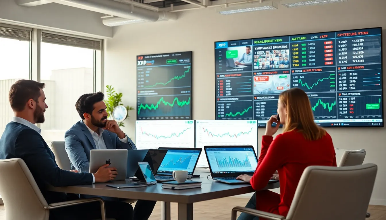 professionals discussing XRP cryptocurrency market trends in a modern office.